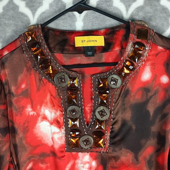 St. John Blouse Womens Large Red Brown Silk Stretch Beaded Jeweled Split Neck - Picture 11 of 12